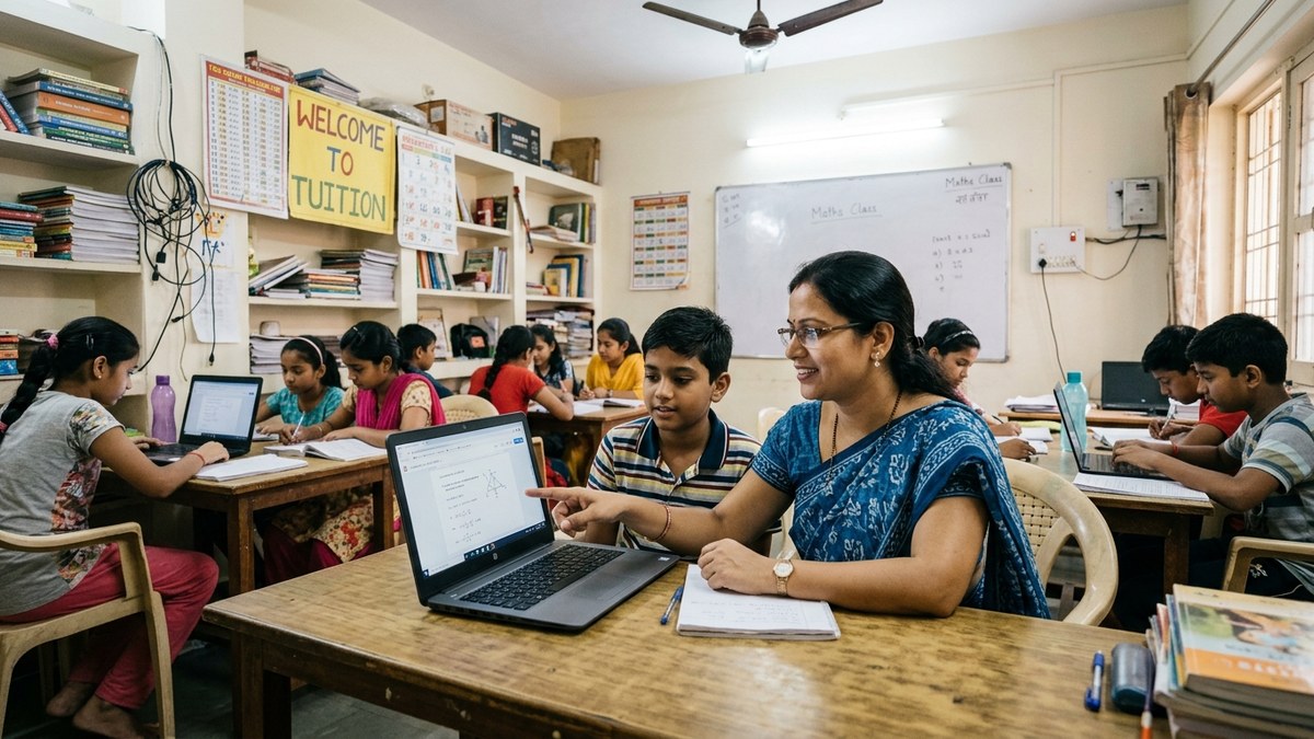 Indian tuition teacher helping student with digital literacy skills