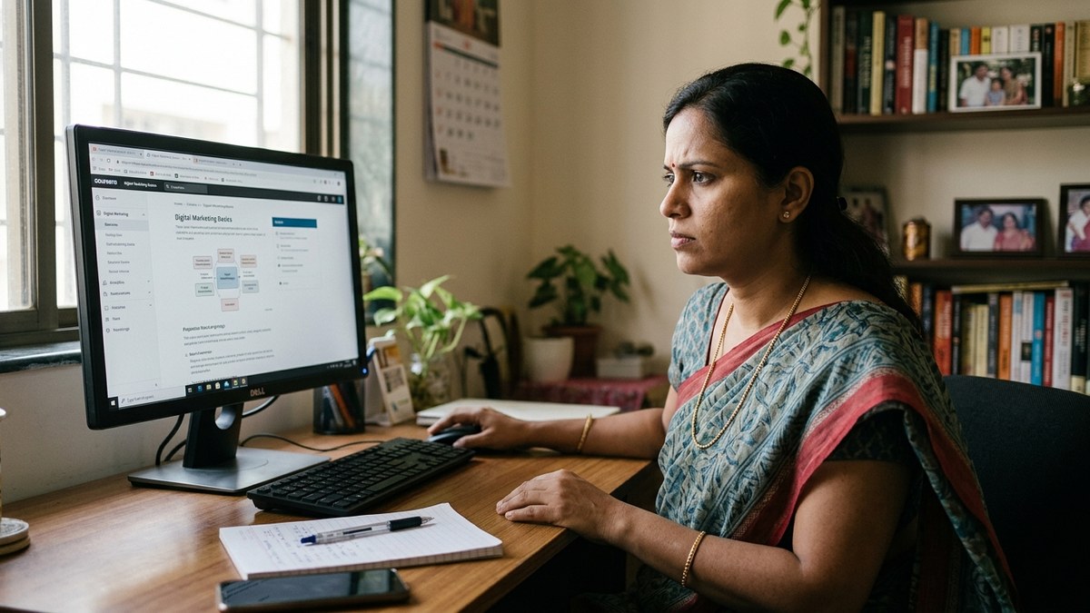 Indian homemaker learning digital marketing AI skills on computer at home