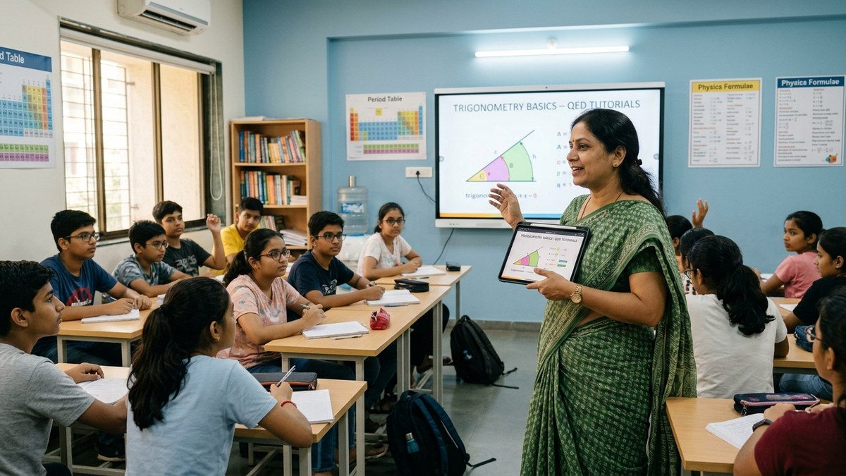 Indian tuition teacher using digital tablet for teaching in modern classroom