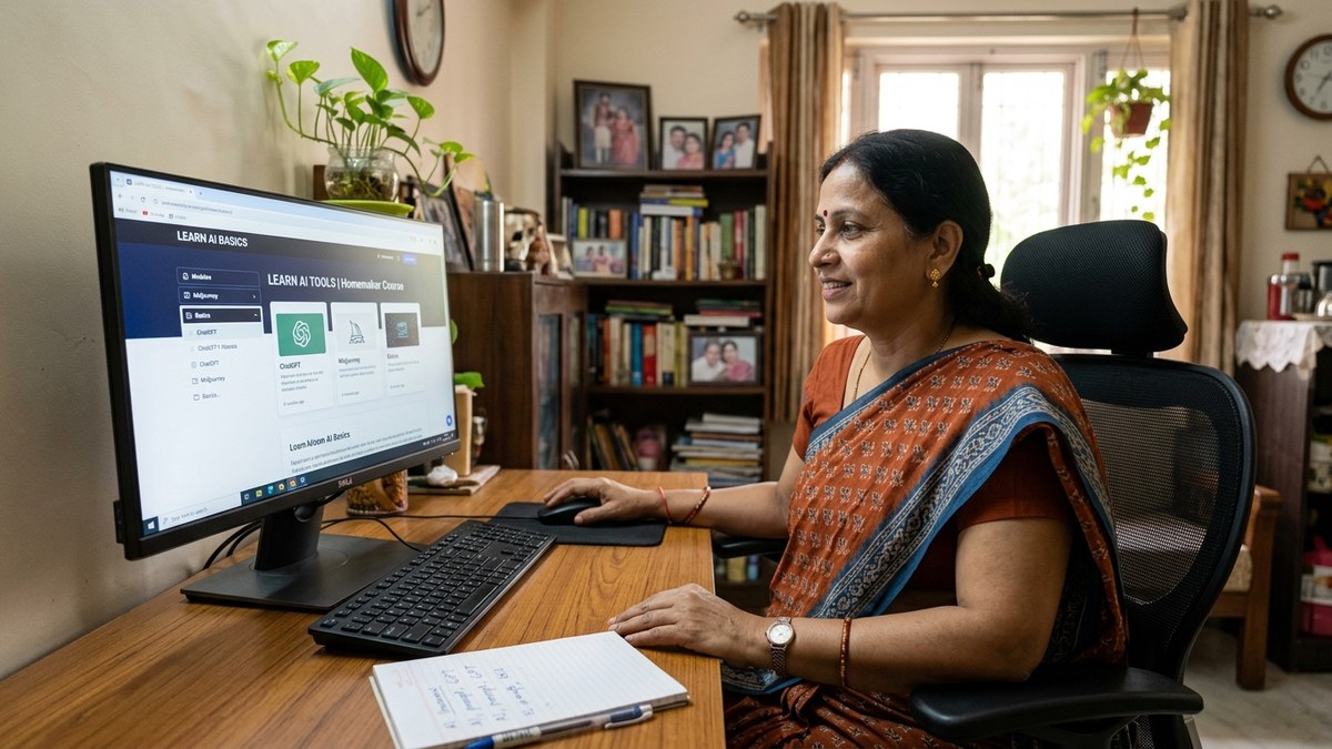 Indian homemaker learning AI tools on computer at home - AI tuition classes India