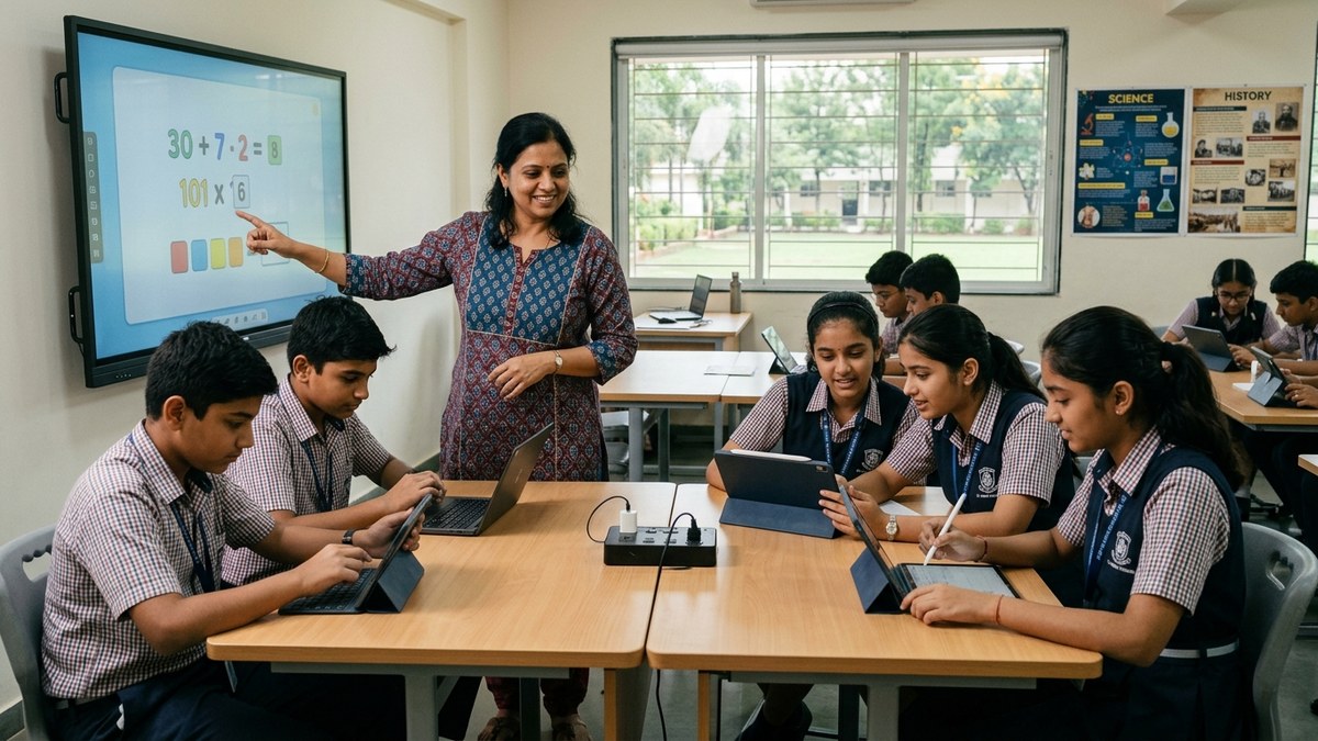Indian teacher demonstrating laptop to students in rural school