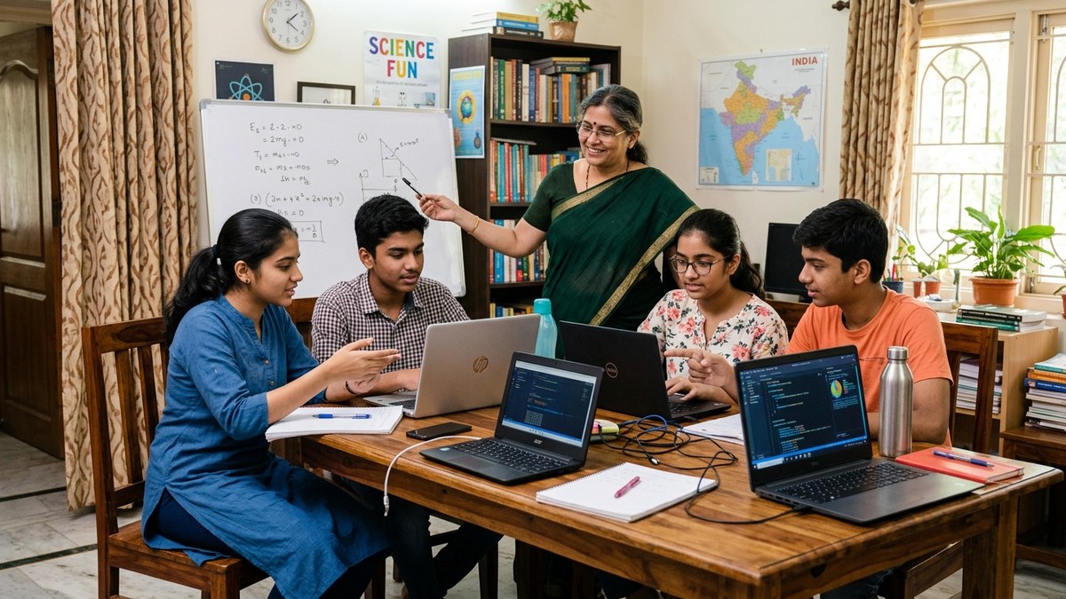 digital skills Indian students collaborating on laptops in learning centre
