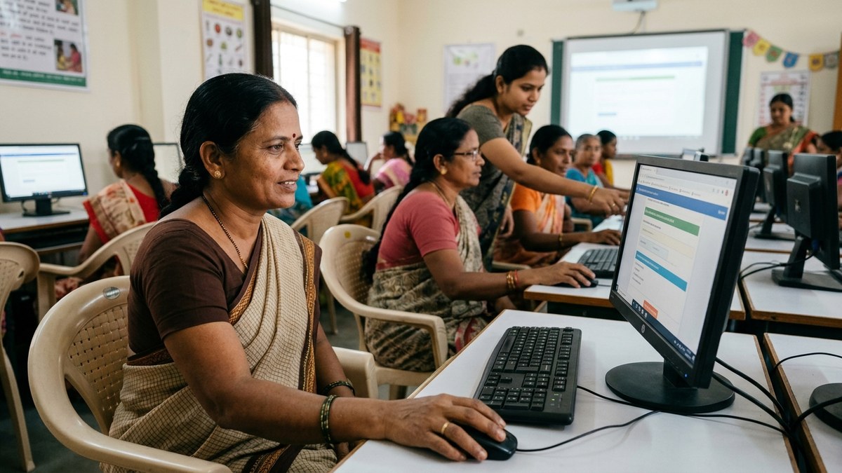 Indian homemaker using laptop at home for digital learning