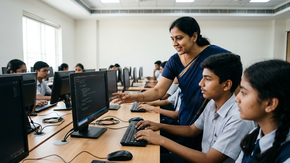 Indian teacher guiding students with computer programming