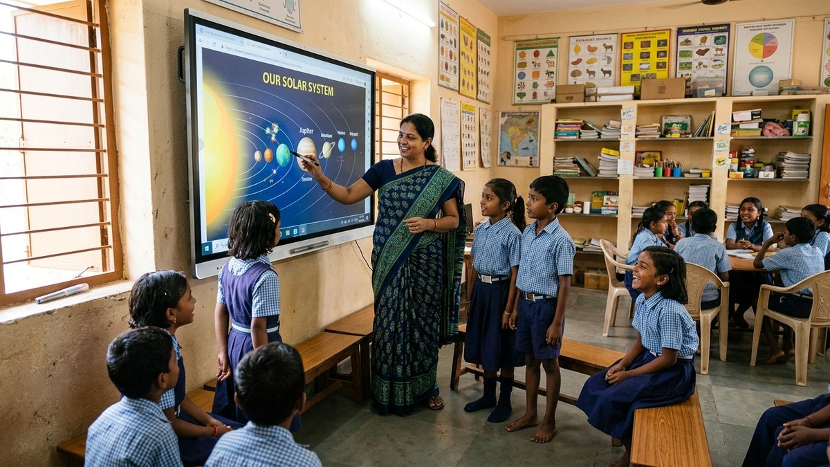 Modern Indian classroom with projector and computer setup for digital learning