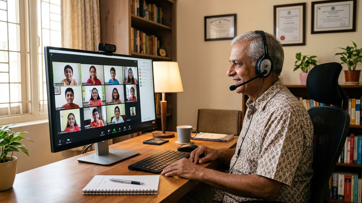 Indian educator teaching with modern technology for tuition teacher personal website growth