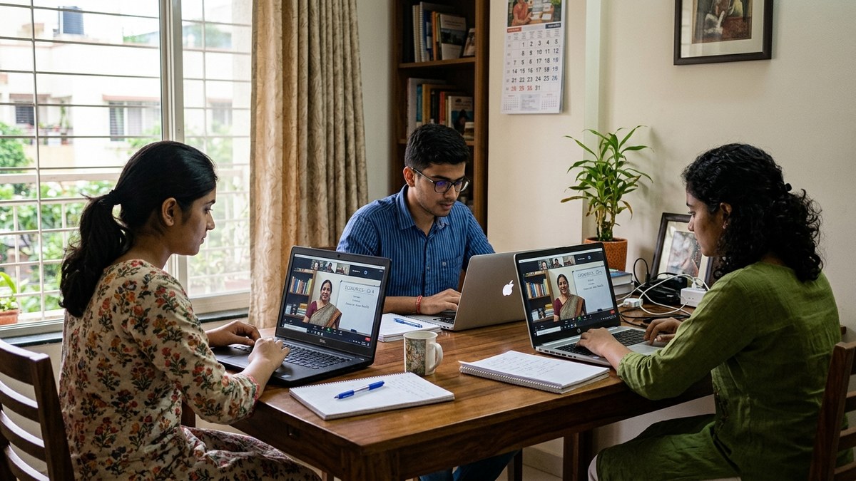 Indian students attending online class on laptop at home for online tutoring business india