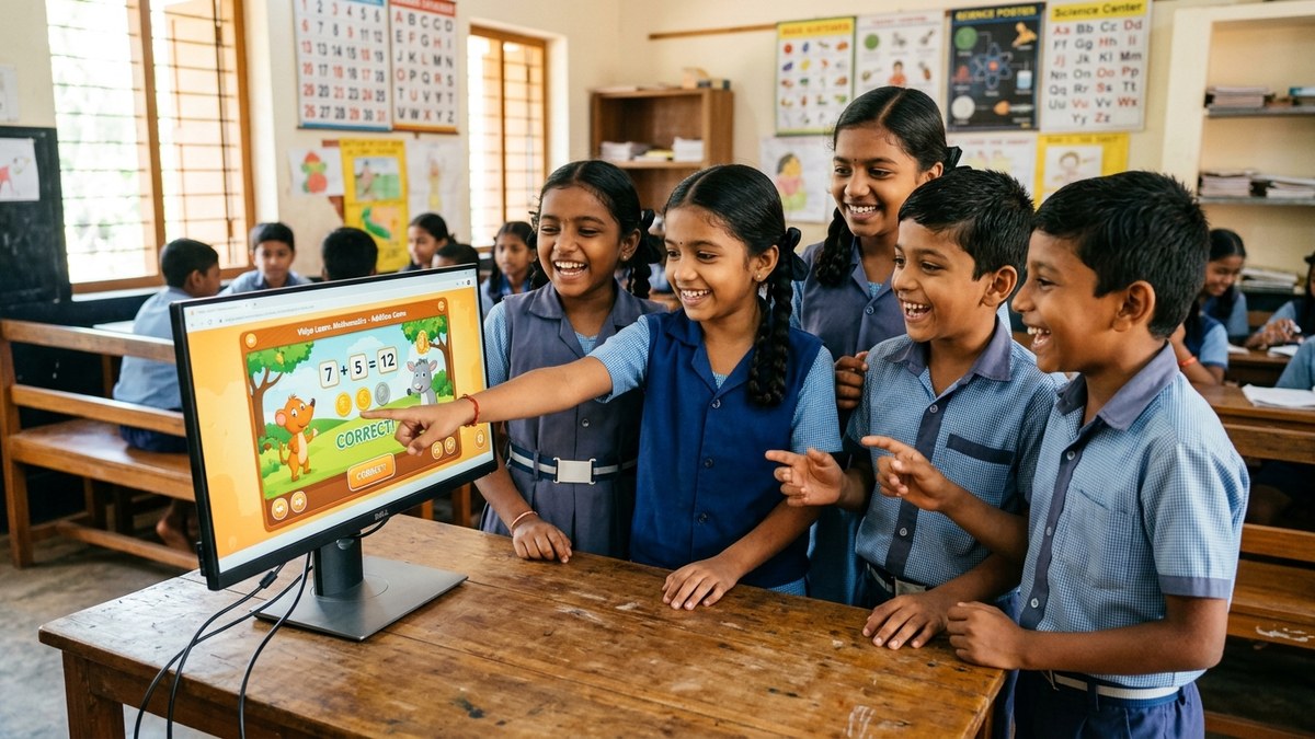 Indian children excited while learning on computer with educational software interactive learning