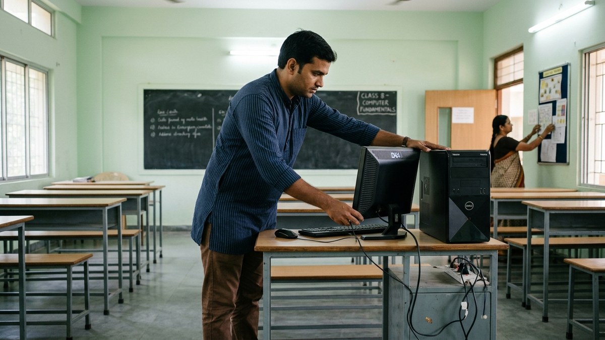 Indian educator setting up a computer for coaching classes go digital