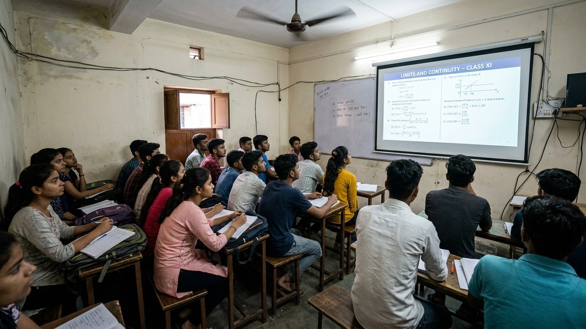 Indian students in a coaching centre watching a digital screen, coaching classes go digital