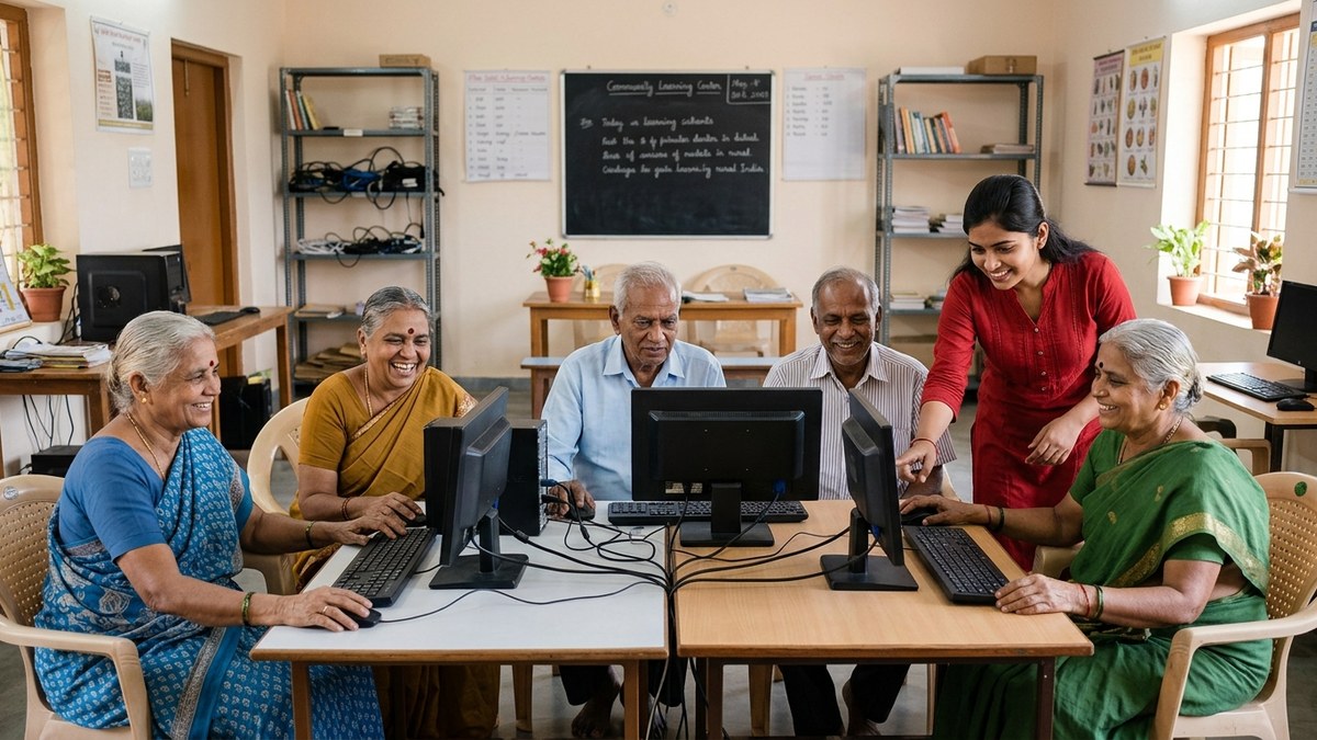 Elderly Indian men and women learning computer skills in community learning centre
