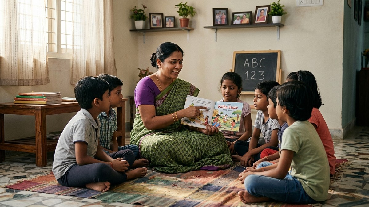 Indian homemaker teaching children in a home learning pod setting