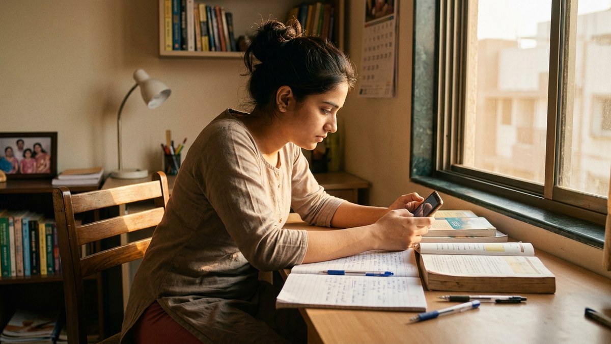 Indian student studying with a budget smartphone at home for learning