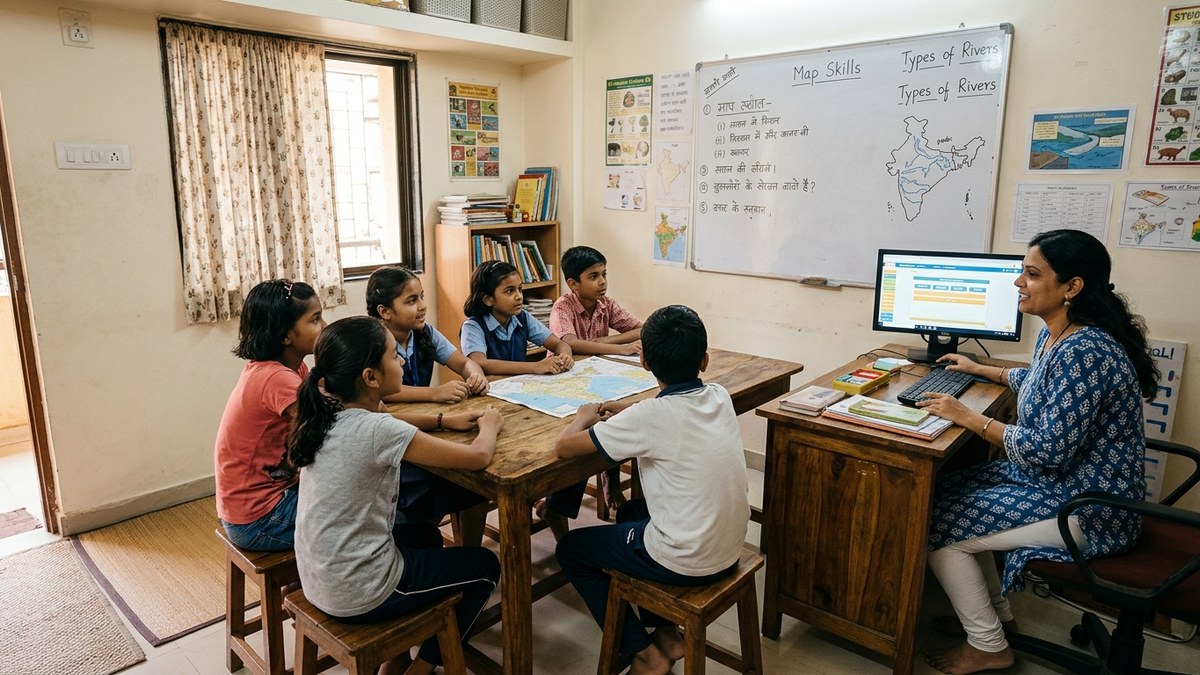 Digital classroom setup India community learning centre with students