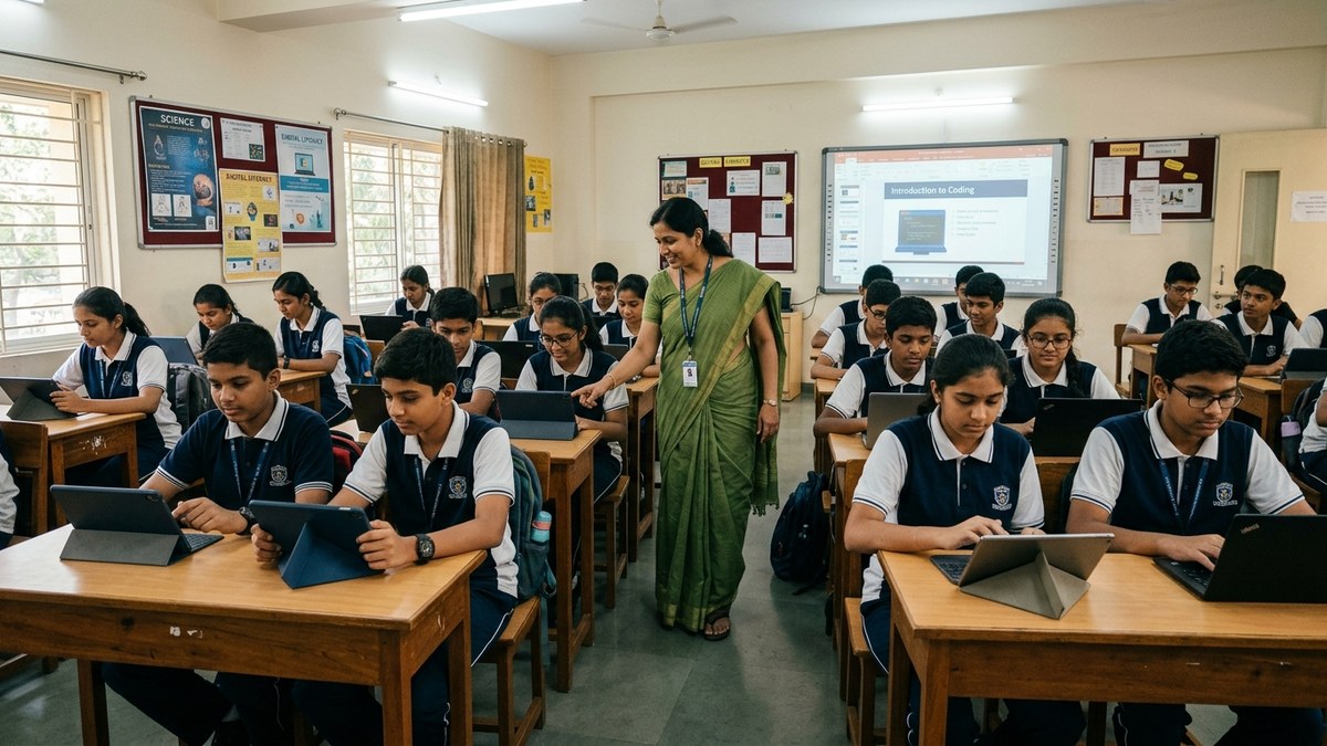 AI tools for Indian teachers students using tablets and computers in classroom