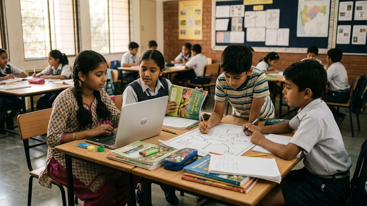 Indian children collaborating on a project with books and a laptop