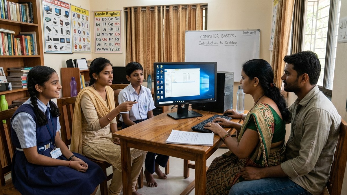 Indian homemaker helping student with computer at home desk teach computer skills from home India