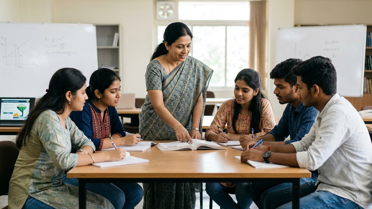 Indian teacher guiding student group study session