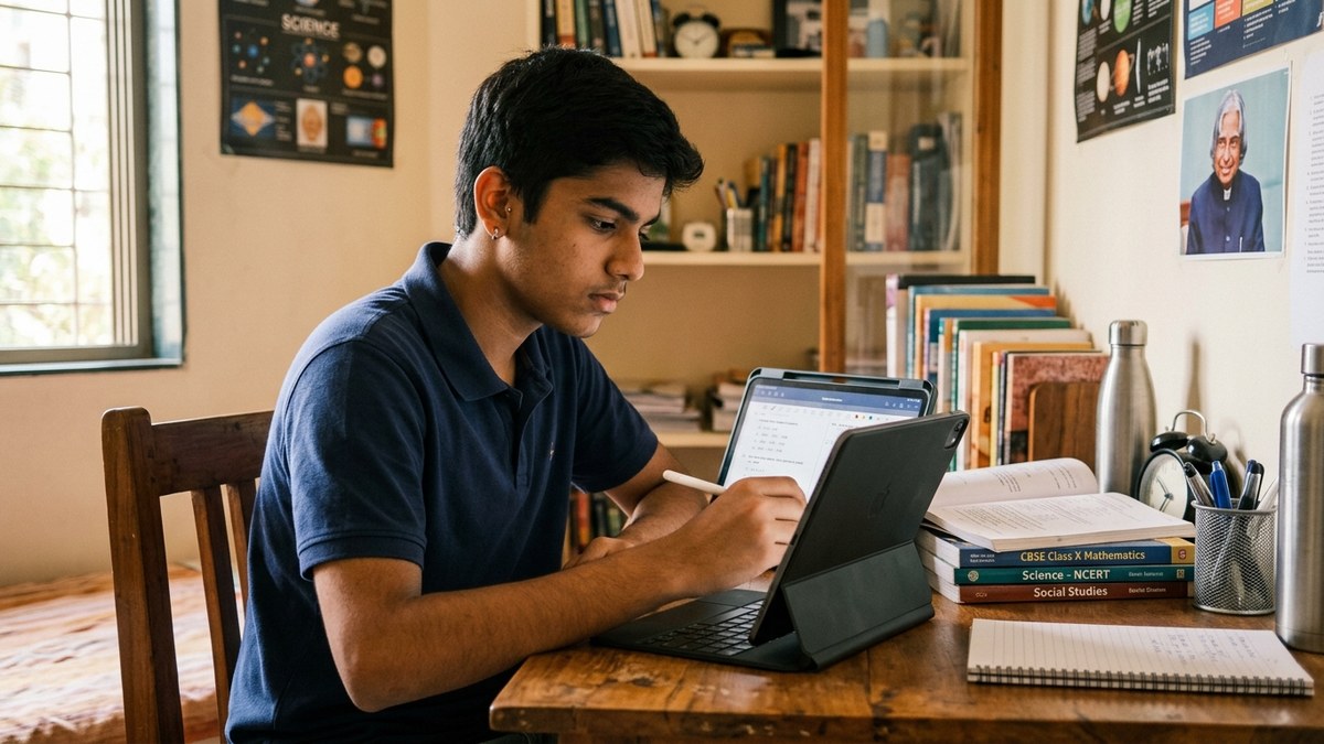 student using tablet for board exam digital preparation at study desk