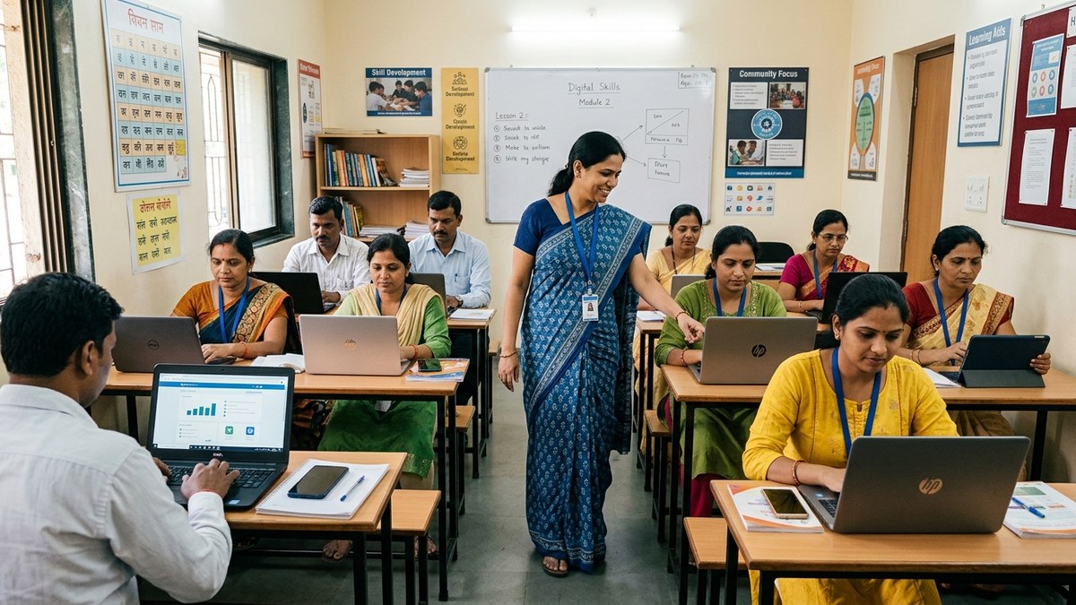 Indian teacher using AI tools for Indian teachers education software on computer