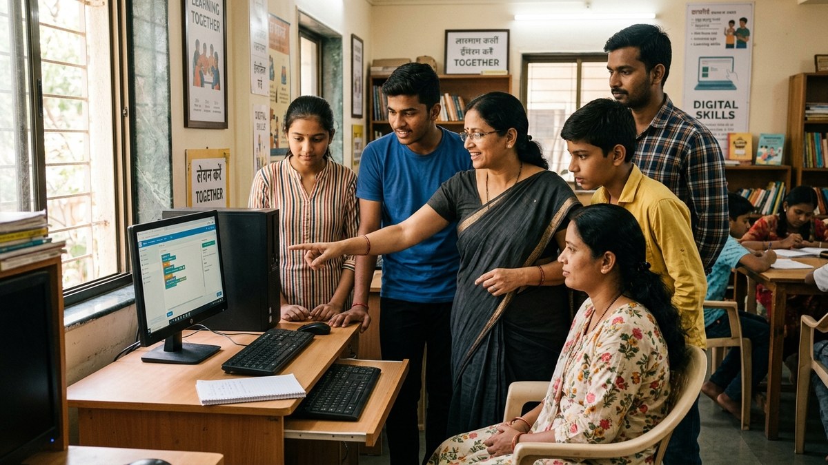 Indian educator teaching financial literacy to community learners
