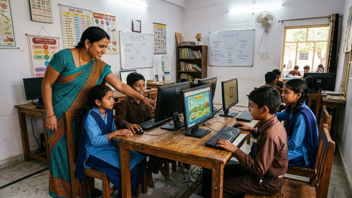 microschool India Indian teacher helping students with computers in small group