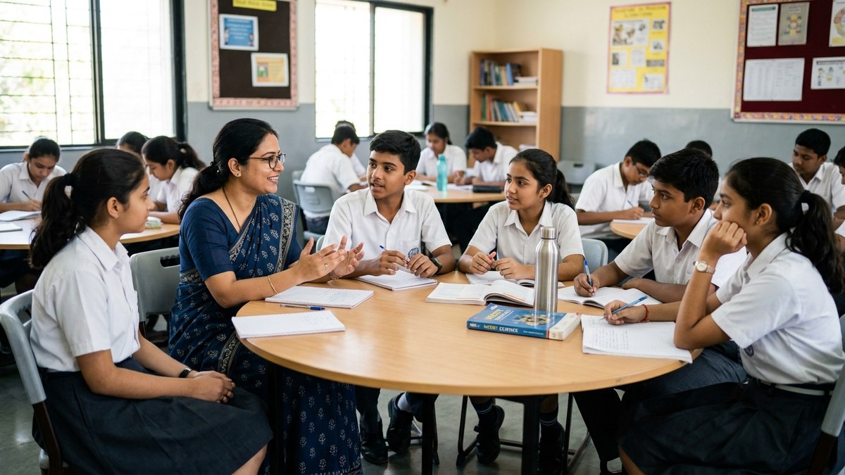 Indian teacher facilitating a small group discussion among students