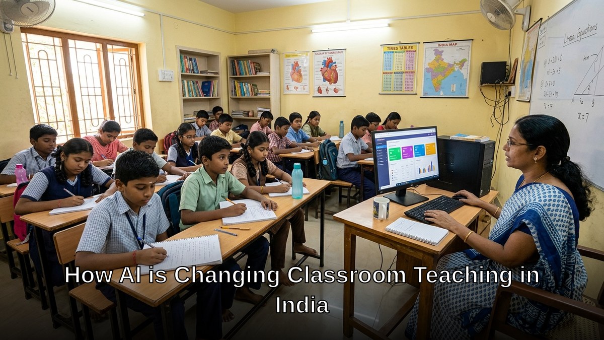 AI classroom teaching India with students and teacher using smart technology