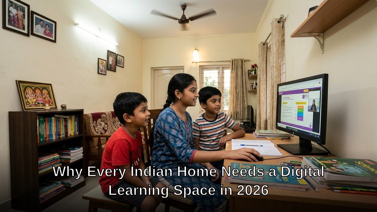 Indian family home with children studying on computer, digital learning space setup
