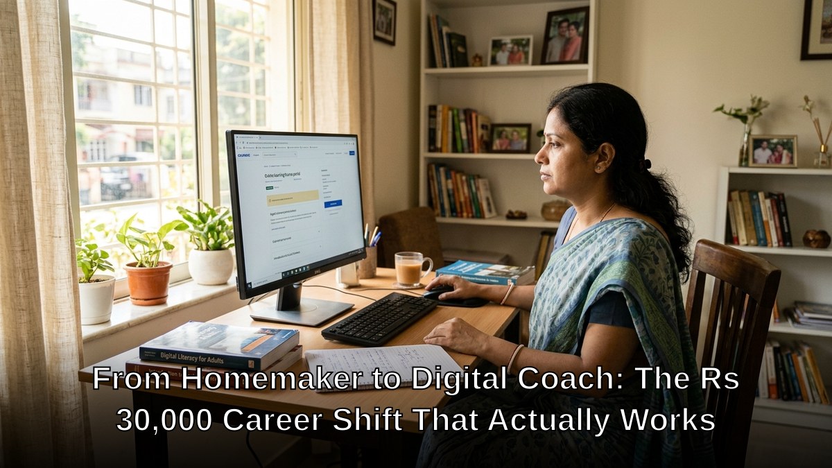 Indian homemaker working on computer at home desk, bright room, education context