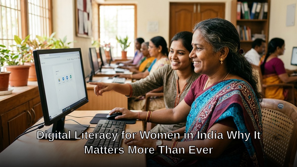 Indian woman learning digital skills on computer at home learning centre