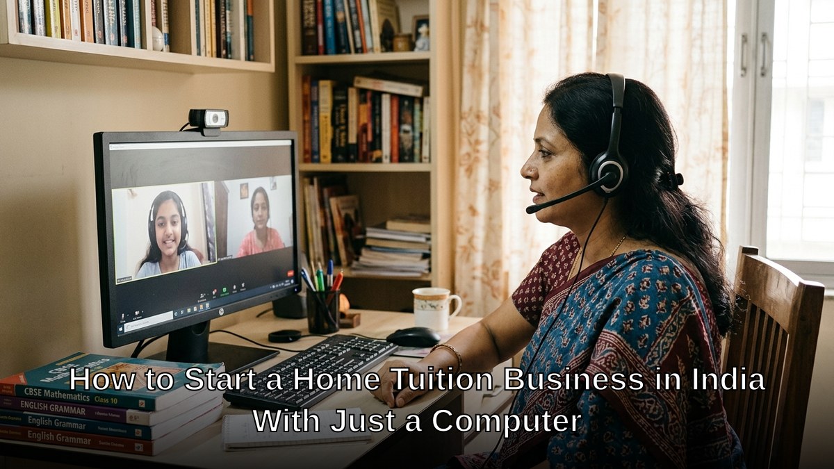 Indian homemaker setting up home tuition business with computer