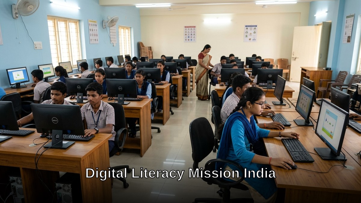 Indian students using computers in a government digital literacy centre