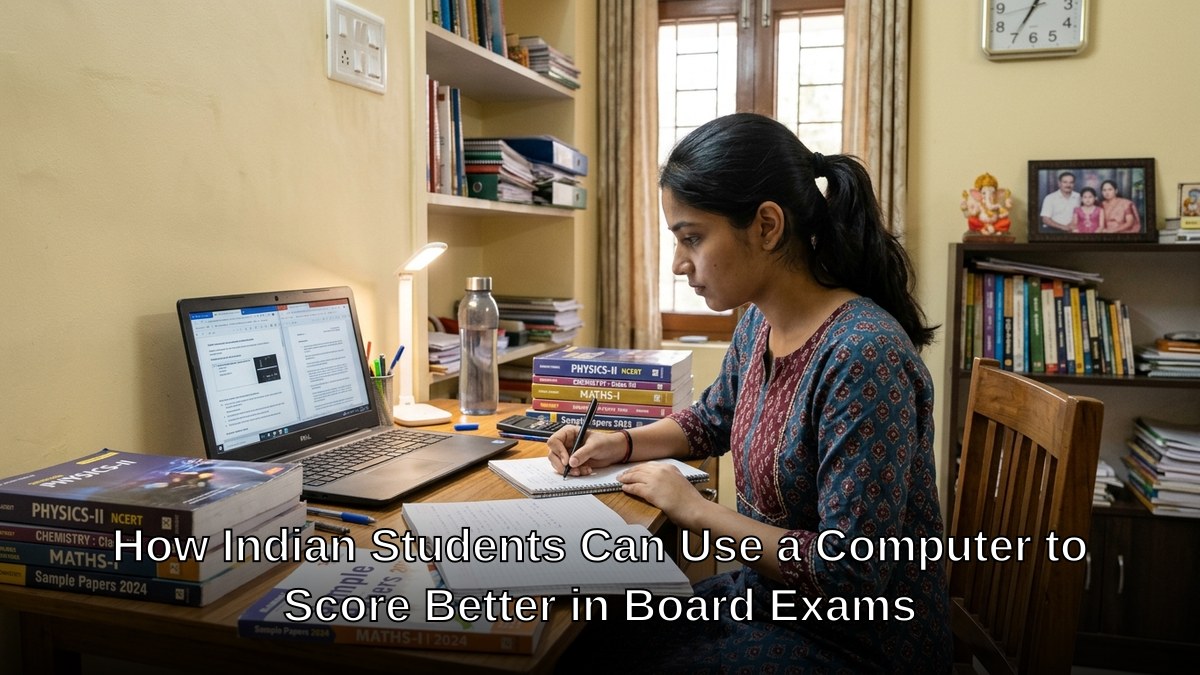 Indian student studying at desk with computer and textbooks for board exam preparation with computer