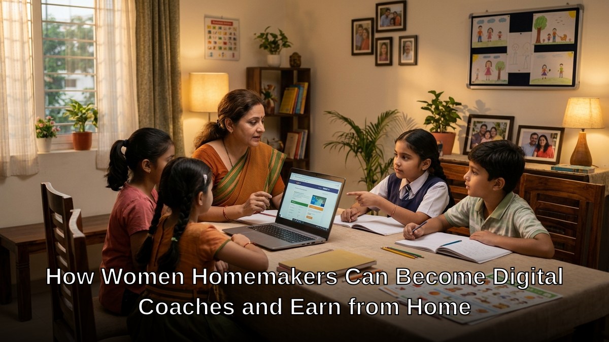 Indian woman homemaker teaching students using computer in home learning setup