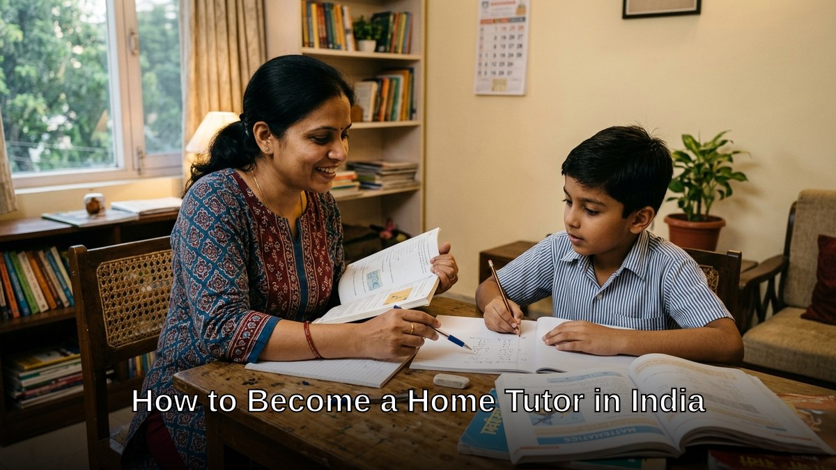 Home tutor teaching a student in an Indian home with books on desk