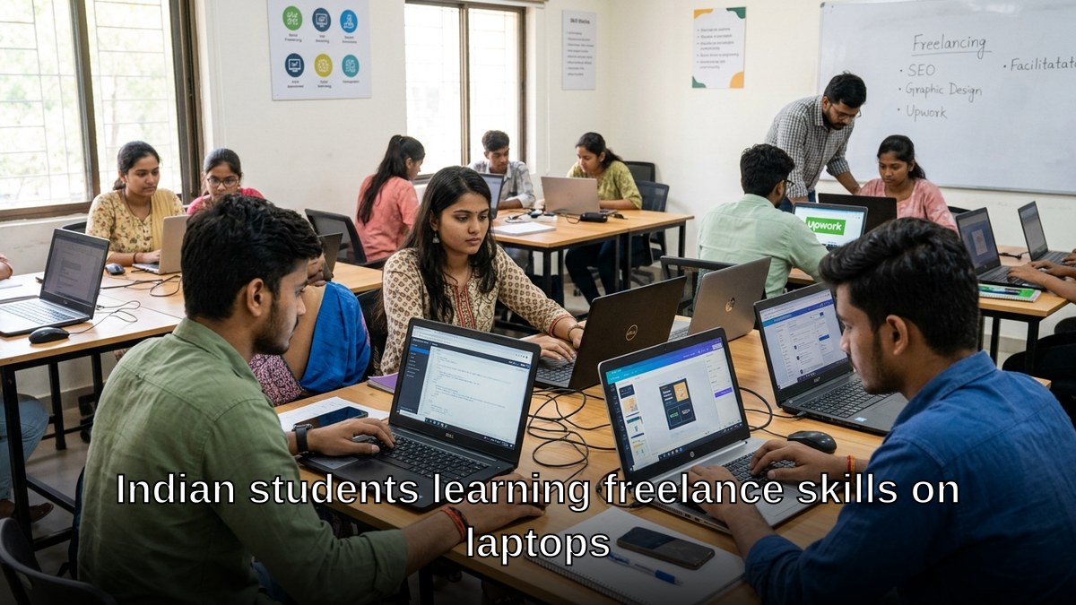 Indian students under 18 learning freelance skills on laptops in bright classroom