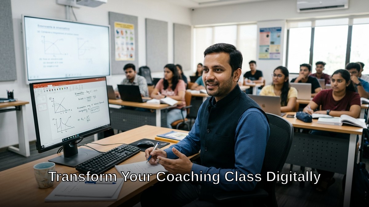 Indian coaching class teacher using digital tools on computer