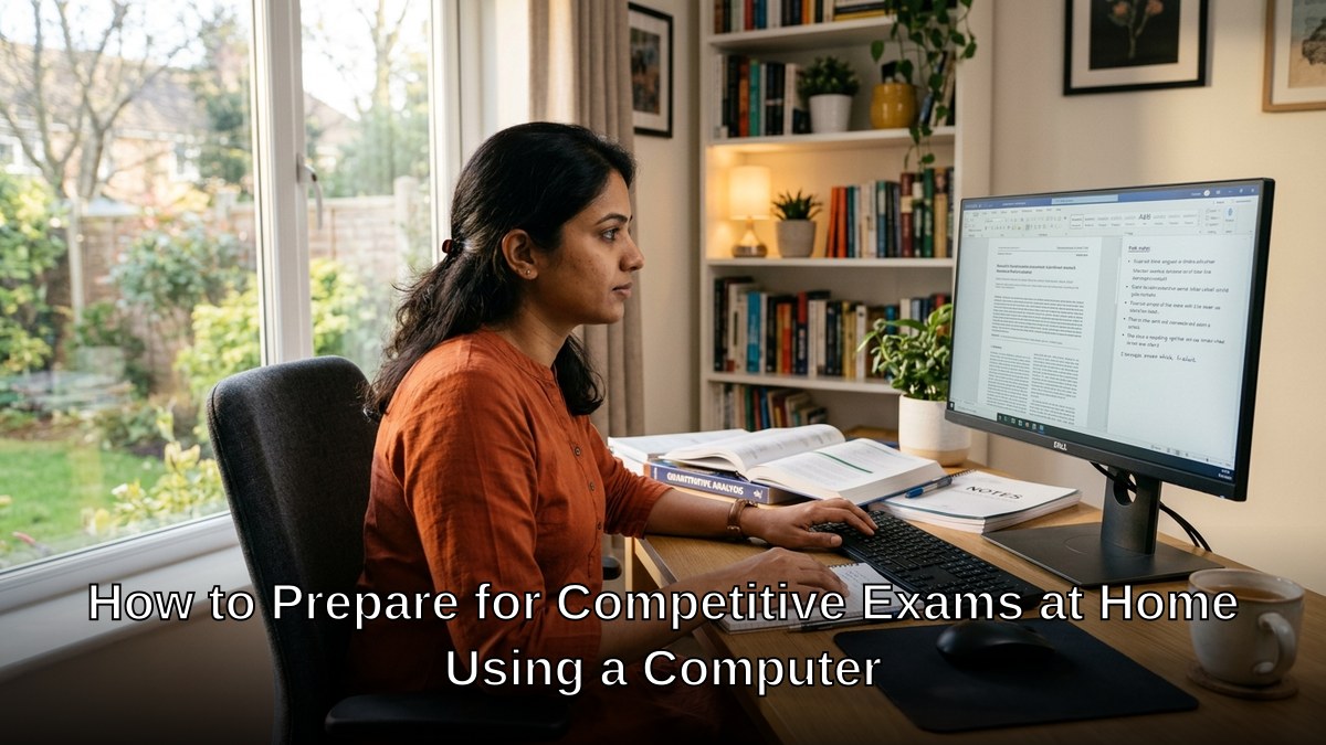 competitive exam preparation at home Indian student studying at computer setup