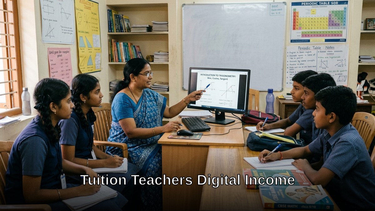 Indian tuition teacher using computer to teach students online