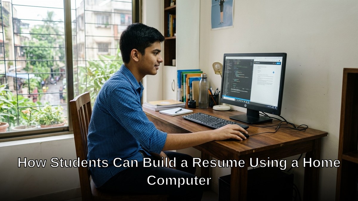 Student working on resume building at home computer in India
