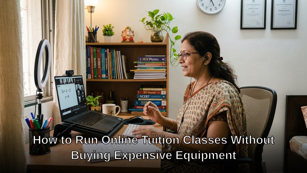 Indian tuition teacher conducting online class on small computer in modest home office