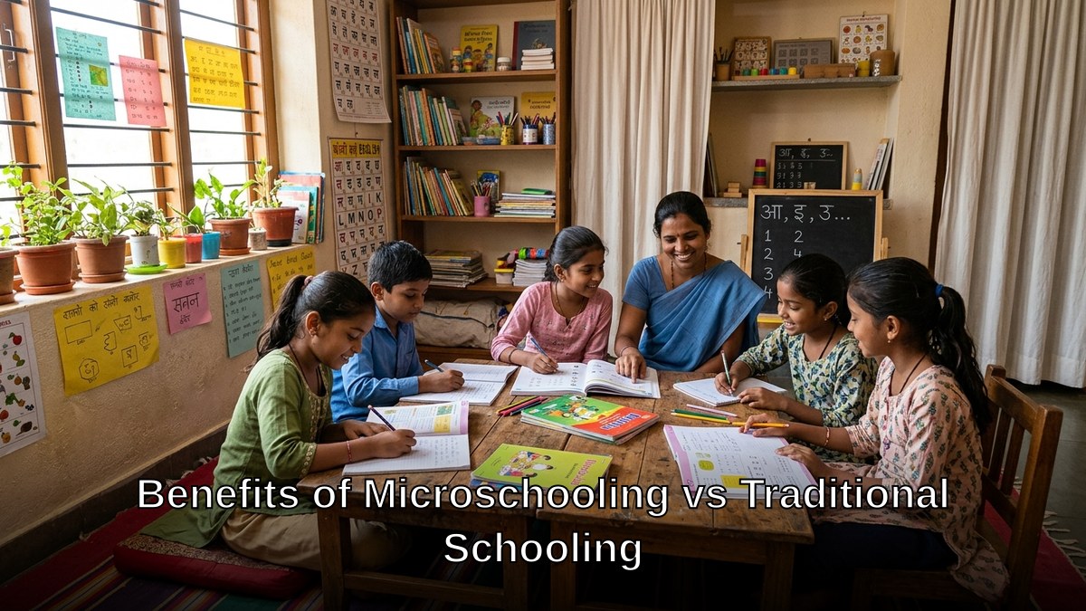 Small group of Indian children learning together in a cozy home classroom microschool setting