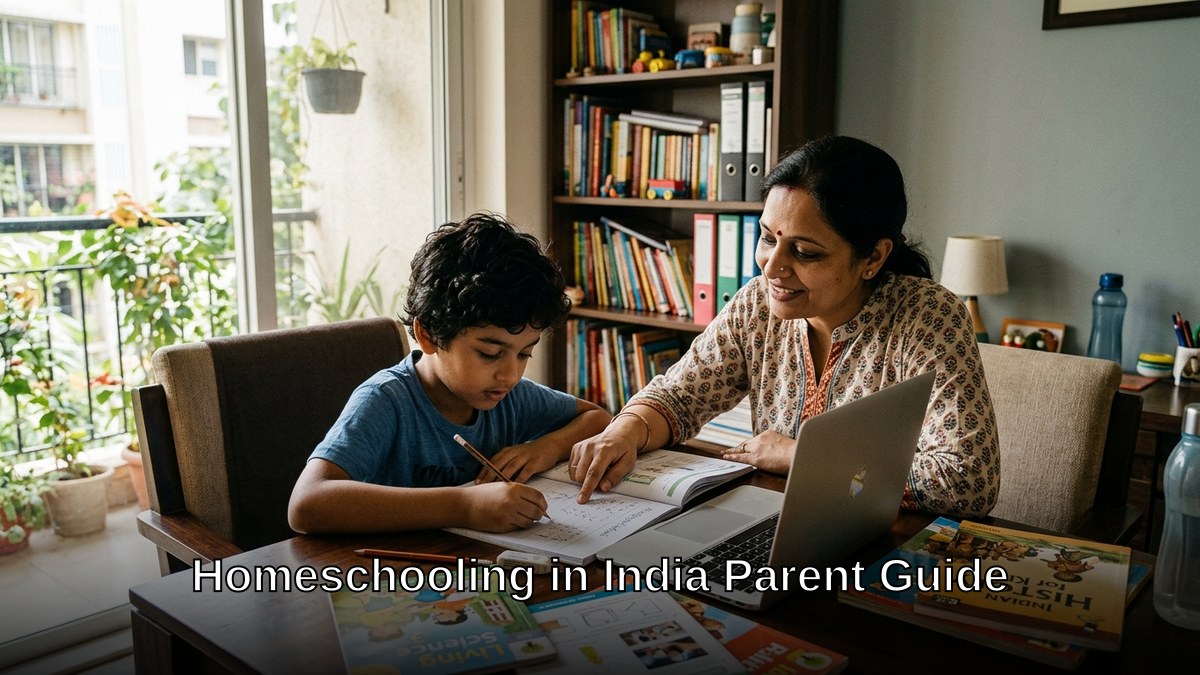 Indian parent homeschooling child at home with books and computer