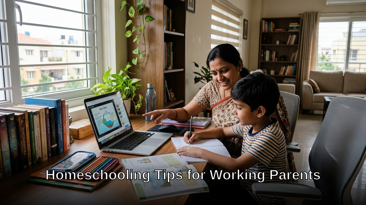 Indian parent homeschooling child at desk with computer