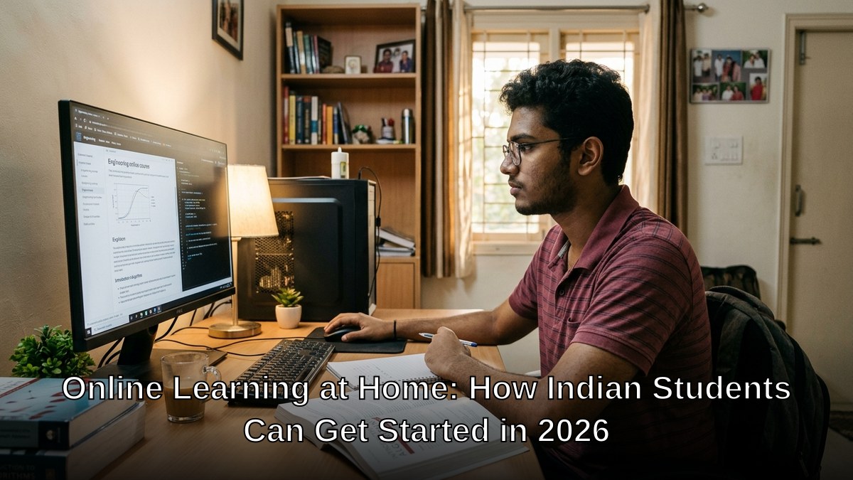 Indian student studying at home on computer setup with focused engagement