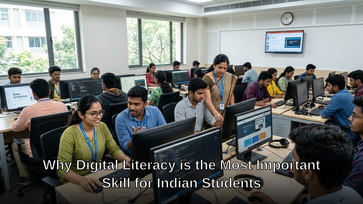 Indian students learning digital skills in a modern computer classroom