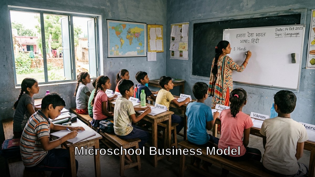 Small Indian classroom with students and teacher at whiteboard