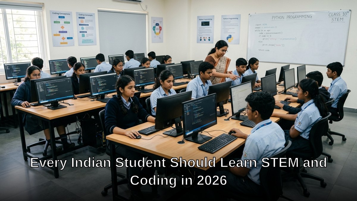Indian students learning coding on computers in a classroom STEM education