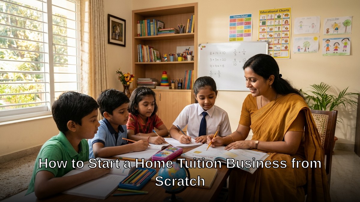home tuition business - Indian woman teaching students in a bright living room